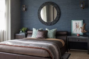 bedroom with blue textured walls by roselind wilson design
