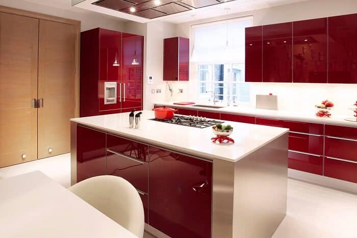 Large modern kitchen with red cupboards