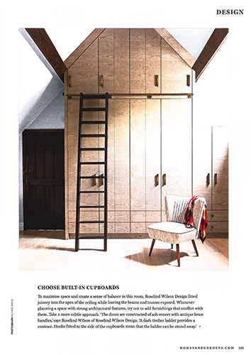 built in cupboards in ash veneer with dark timber ladder
