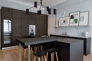 contemporary kitchen island and marble sink run