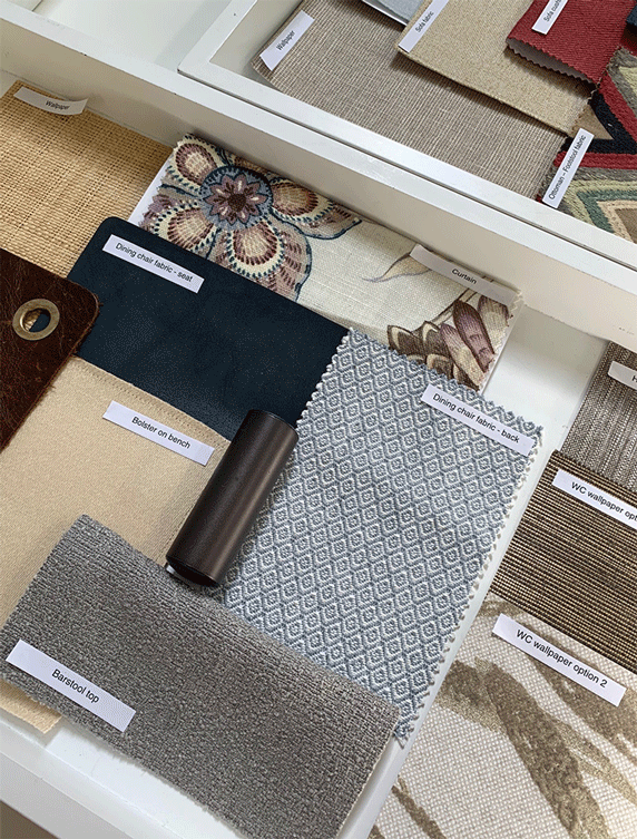 interior design scheme mood board with textured and patterned fabrics