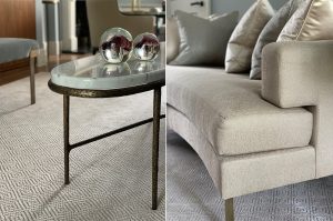 bespoke curved sofa and oval marble coffee table