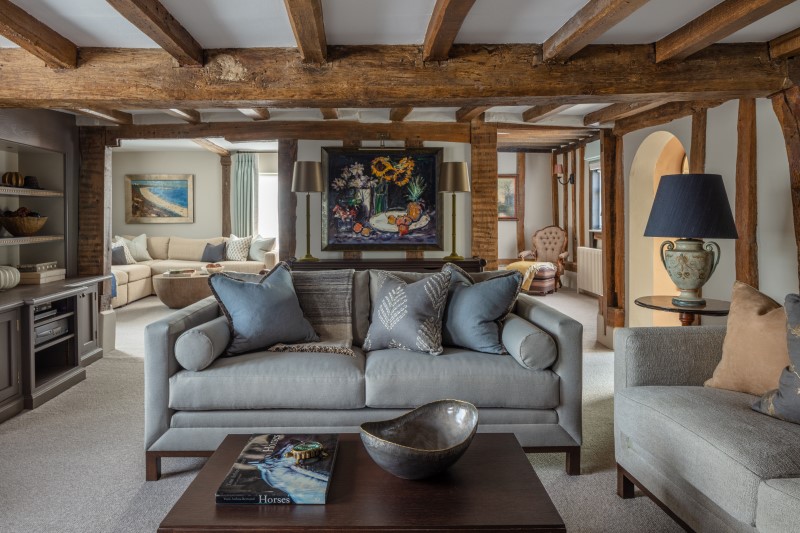 Reception room with exposed timber beams