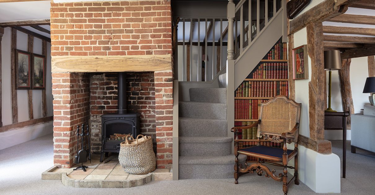 A staircase and the fireplace design