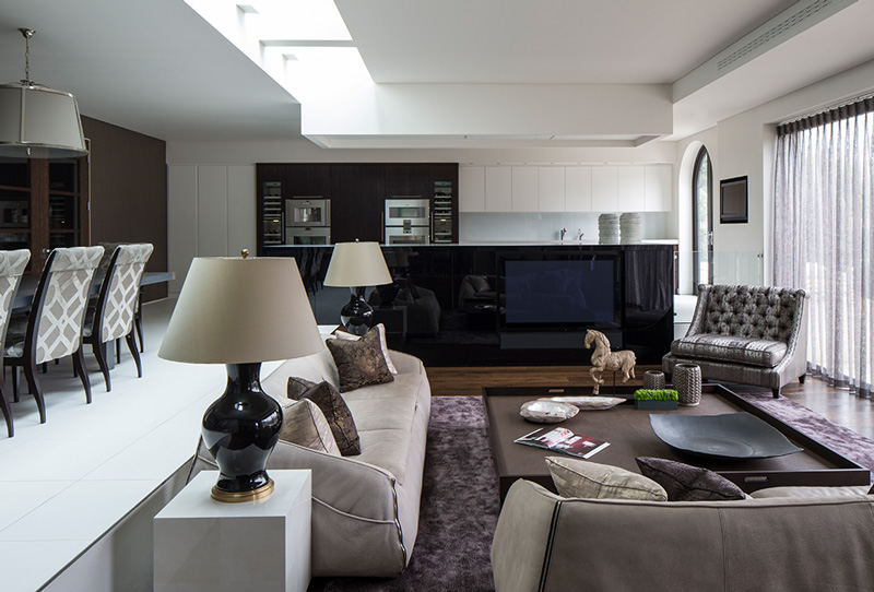 open plan entertaining space with kitchen, dining and living room decor