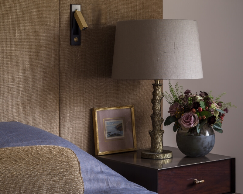 Brass antique finish Klute Lamp Base from India Jane, with tapered drum lampshade from the Elefant Collection from J Robert Scott