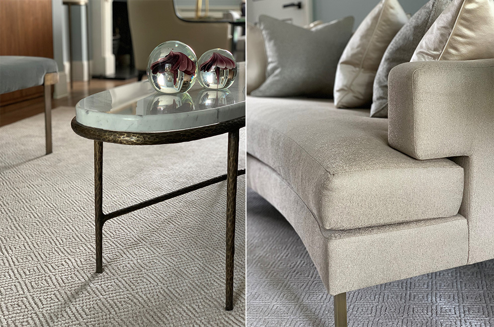 bespoke curved sofa and oval marble coffee table