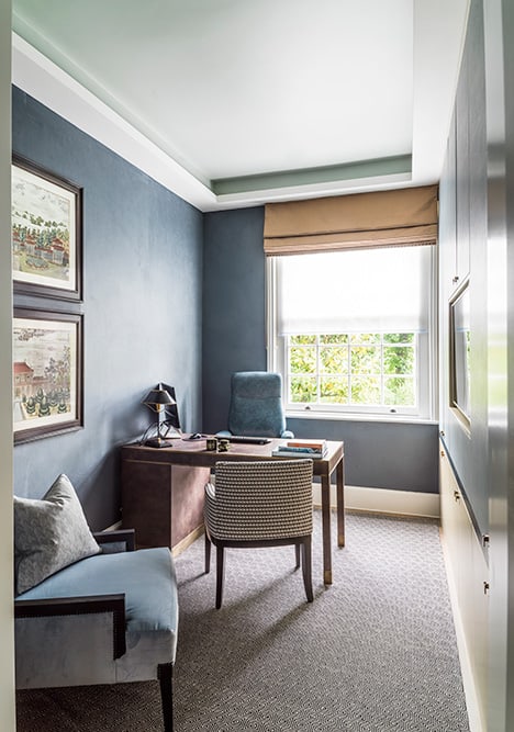blue home office with desk and full height joinery