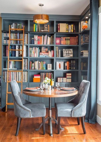 Breakfast Nook for two in a grey blue colour palette and velvet upholstered dining chairs.