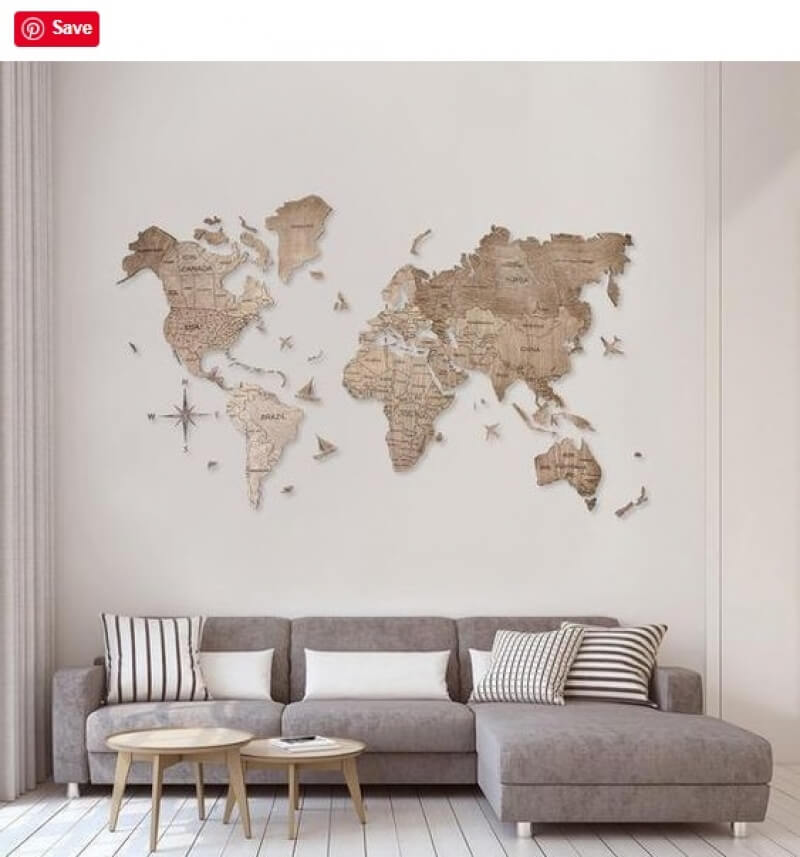 map on wall with sofa