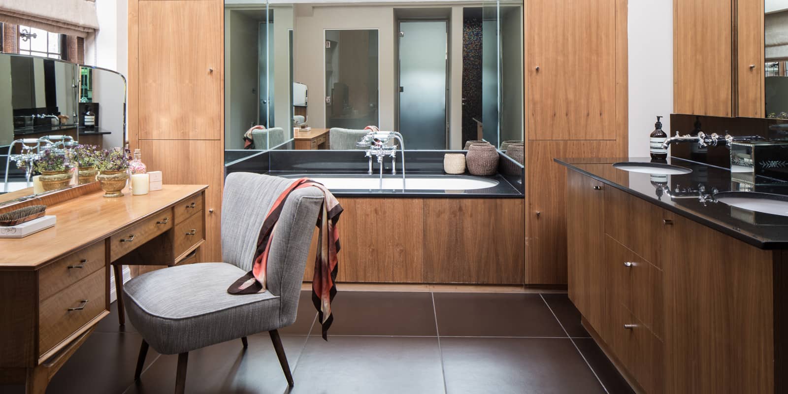 wood and marble bathroom